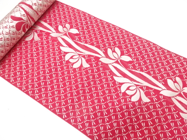 JAPANESE KIMONO / ANTIQUE BOLT FOR HASSUN OBI / WOVEN FLOWER & DRAGONFLY